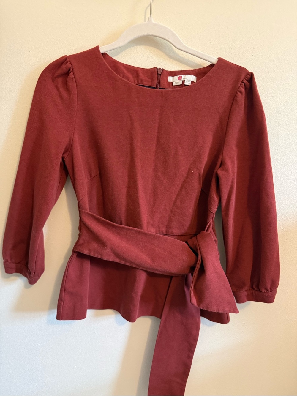 Boden Tie-Waist Long Sleeve Top in Rust Red